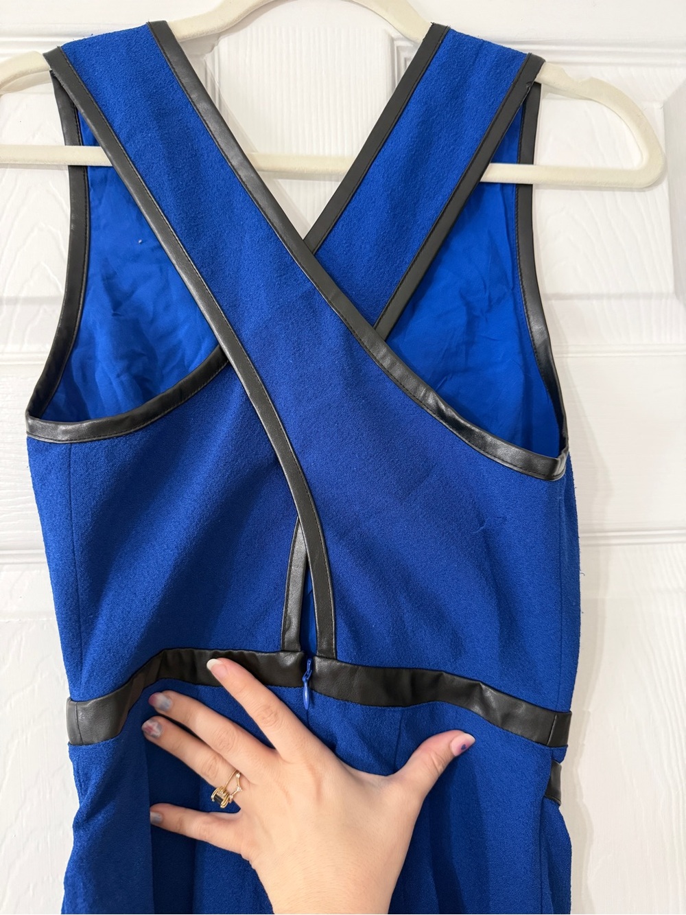 Maeve Royal Blue Faux-Leather Trim V-Neck Mini Dress - Picture 6 of 7